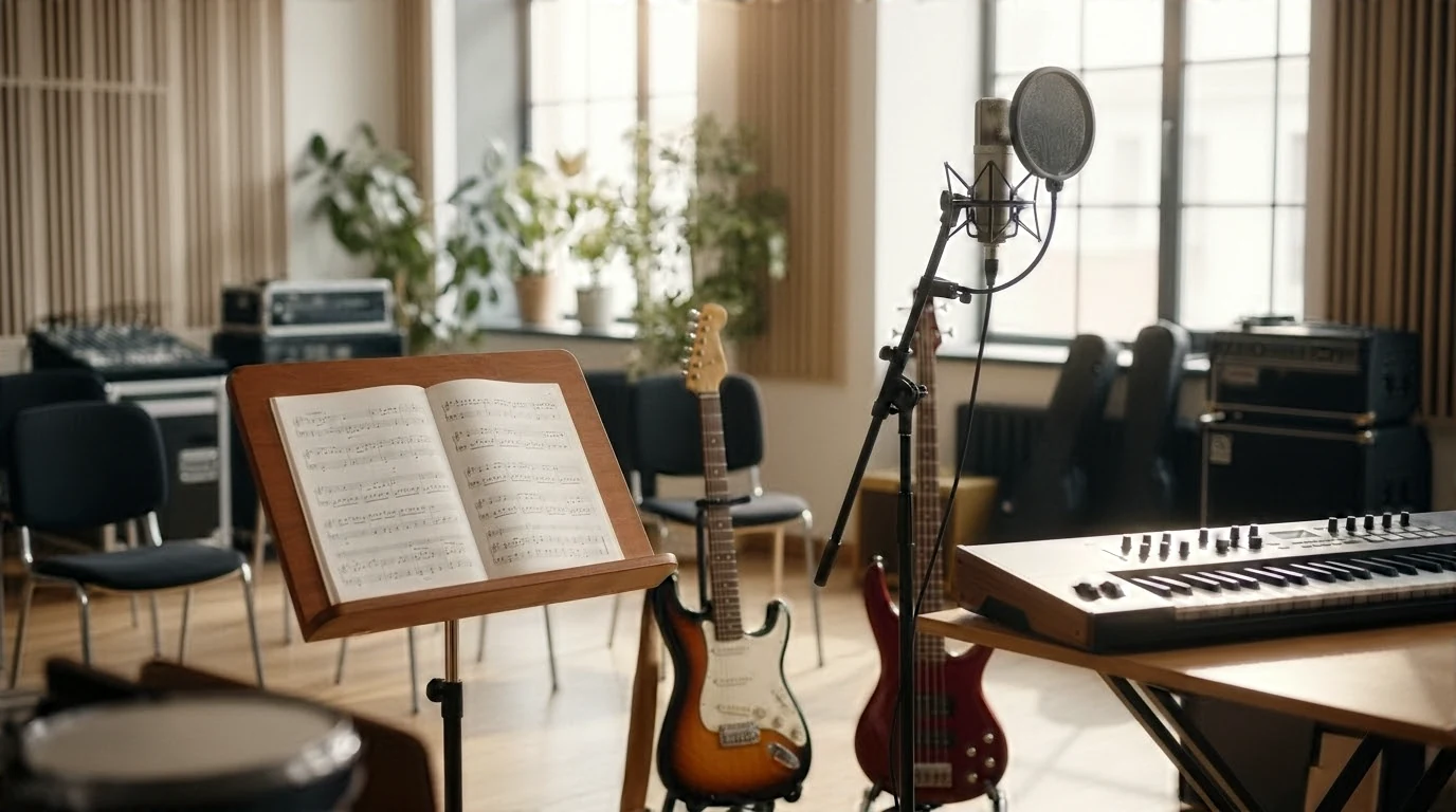 Microfono con filtro antipop, spartito, chitarra, basso e tastiera in un ambiente musicale